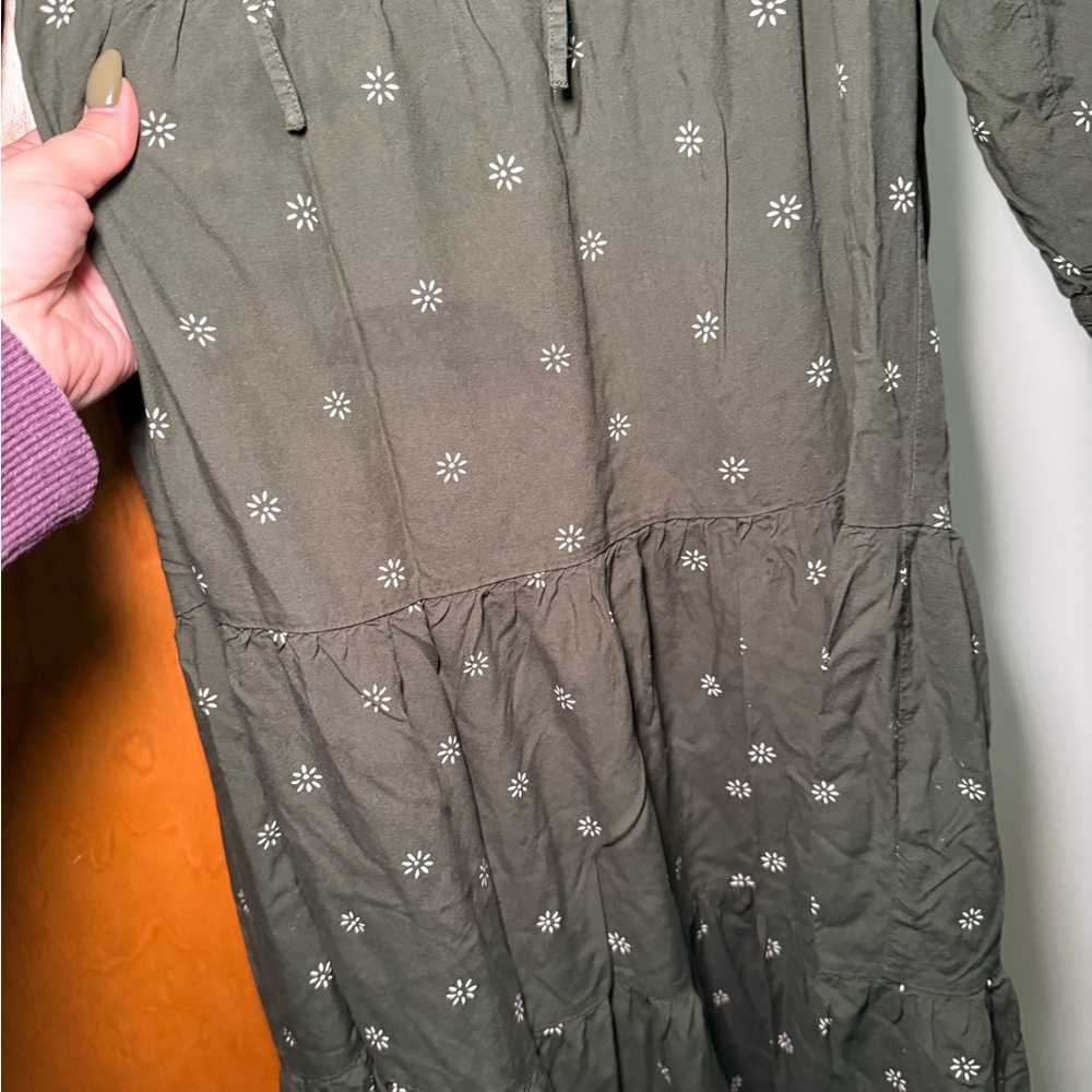 Madewell Dark Green Floral Long Sleeve Dress Tiered tie midi dress stardot - Picture 12 of 12